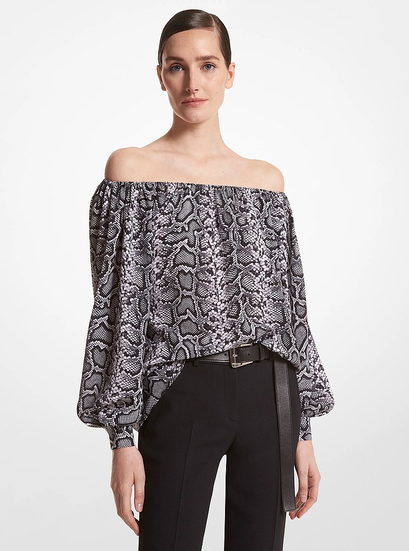Snake Organic Silk Crepe De Chine Off-The-Shoulder Top in BLACK/WHITE | Michael Kors