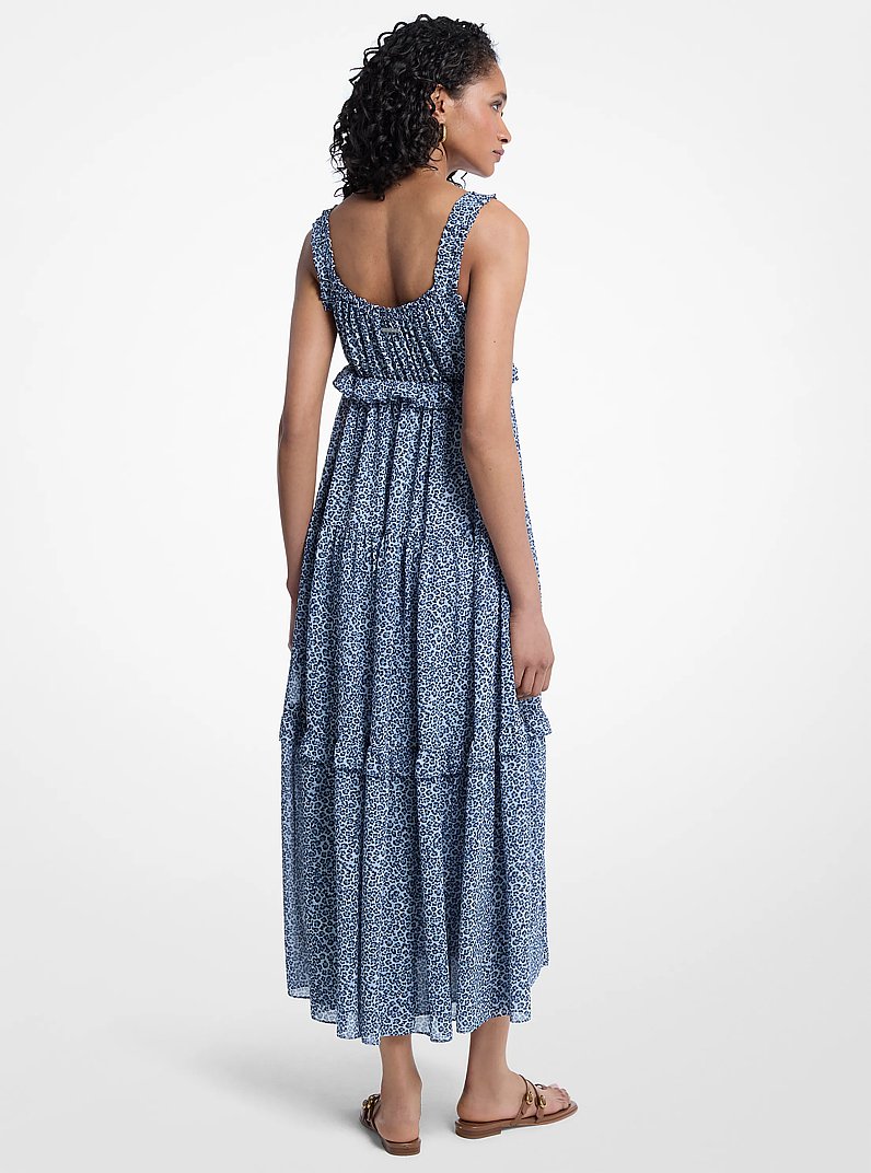 Leopard Print Georgette Tiered Dress in DK CHAMBRAY | Michael Kors