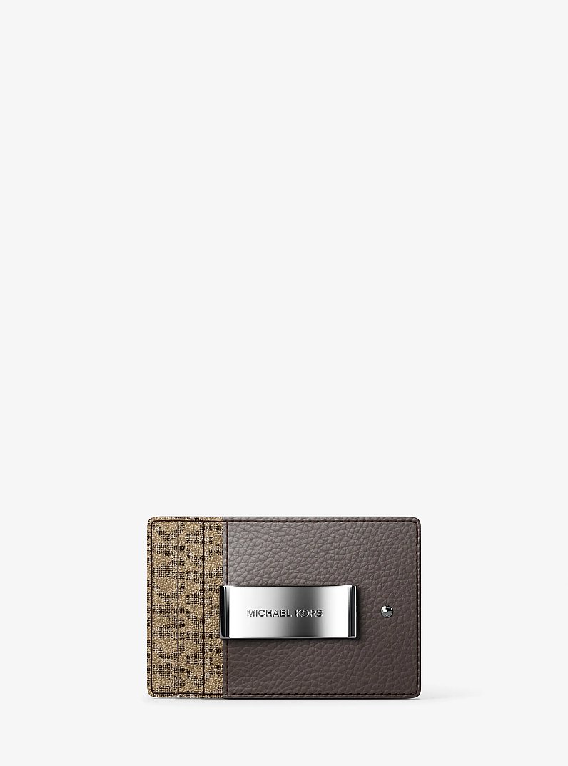 Hudson Pebbled Leather and Signature Logo Money Clip Card Case in CHOCOLATE | Michael Kors