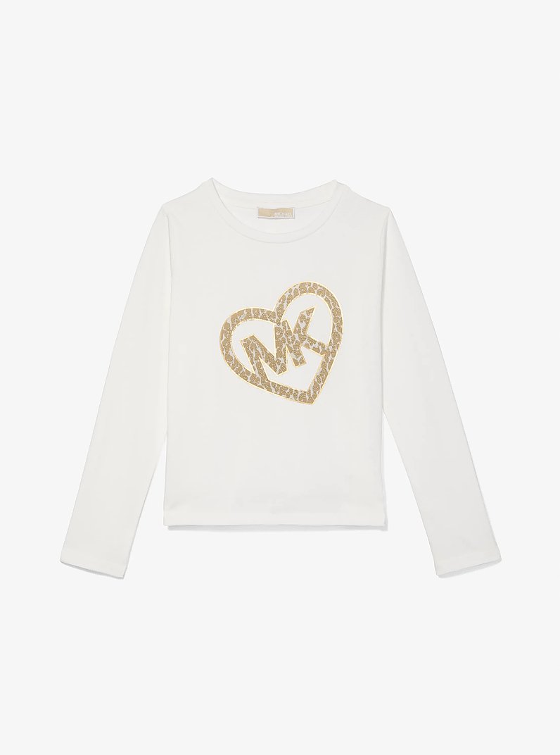 Studded Logo Heart Long-Sleeve T-Shirt in OFF WHITE | Michael Kors