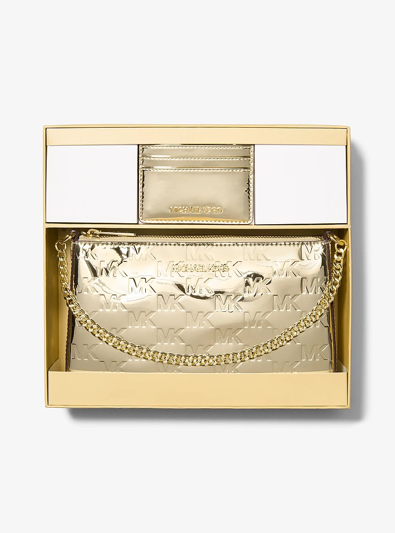 Jet Set Medium Metallic Logo Debossed Pochette and Card Case Gift Set in PALE GOLD | Michael Kors