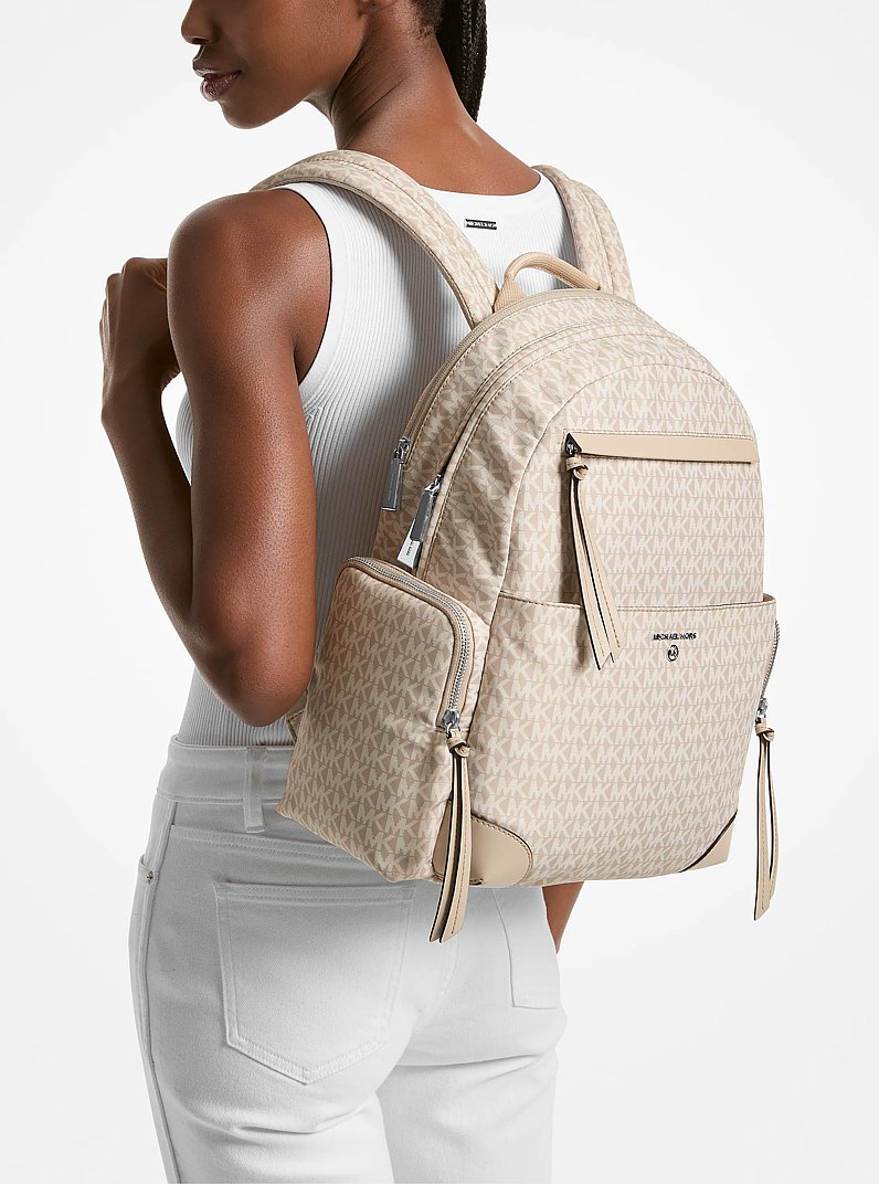 Prescott Large Signature Logo Print Woven Backpack in LIGHT SAND | Michael Kors