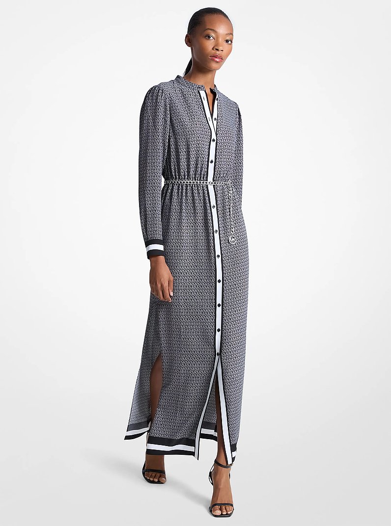Logo Print Satin Belted Maxi Dress in BLACK/WHITE - Sale | Michael Kors [US]