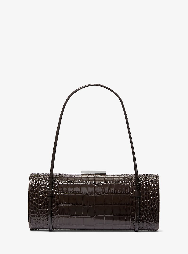 Natalie Crocodile Embossed Patent Leather Barrel Bag in CHOCOLATE | Michael Kors