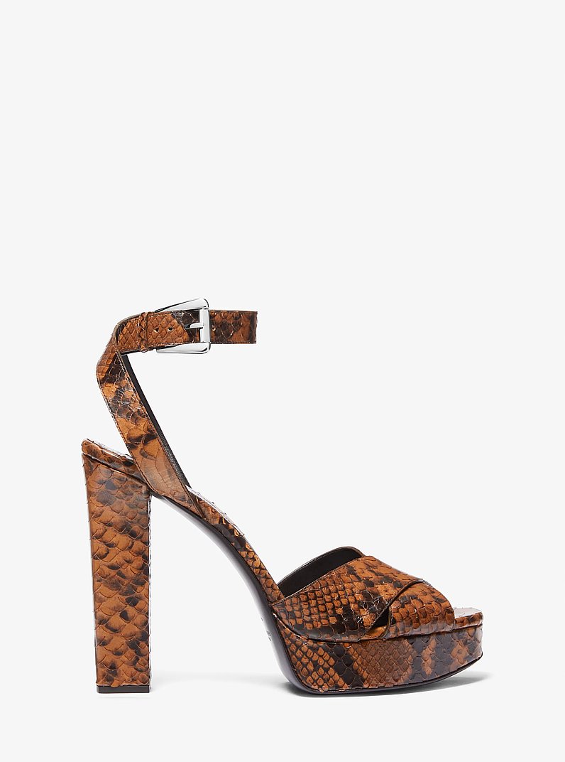 Cannon Python Embossed Leather Platform Sandal in CAMEL | Michael Kors