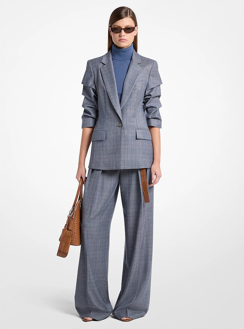 Blazer de lana a cuadros Glen con mangas fruncidas in ACERO/AZUL LAGO | Michael Kors