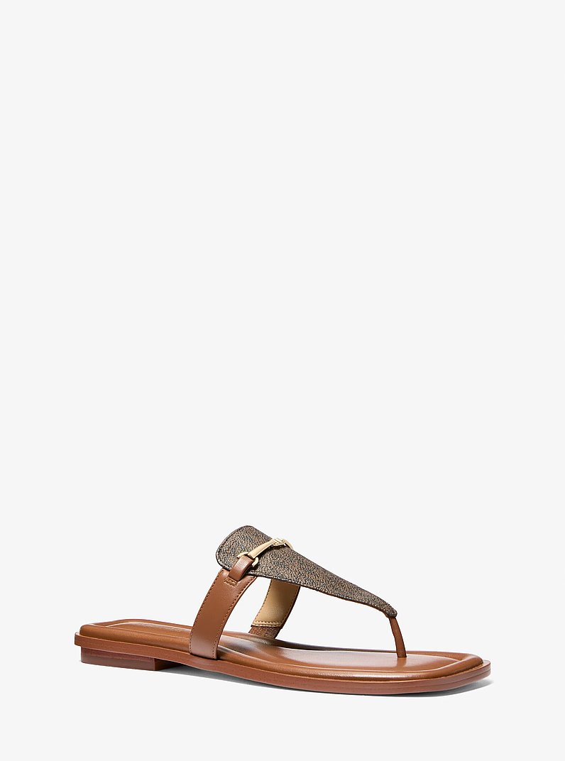 Lena Signature Logo and Leather T-Strap Sandal in BROWN/LUGGAGE | Michael Kors