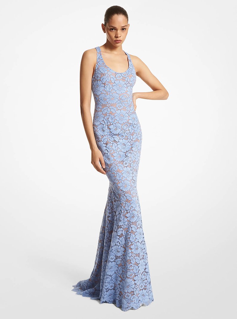 Cotton Blend Floral Lace Fishtail Gown