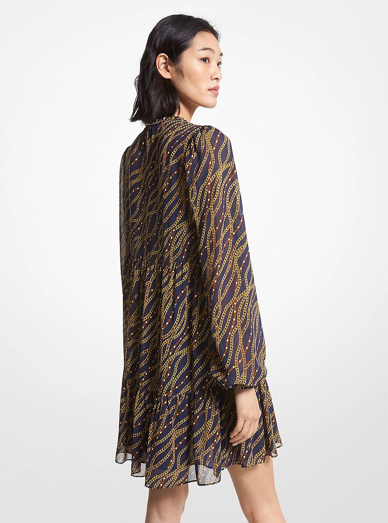 Status Print Georgette Babydoll Dress in MIDNIGHTBLUE | Michael Kors