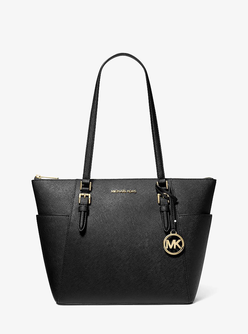 Charlotte Large Saffiano Leather Top-Zip Tote Bag in BLACK | Michael Kors