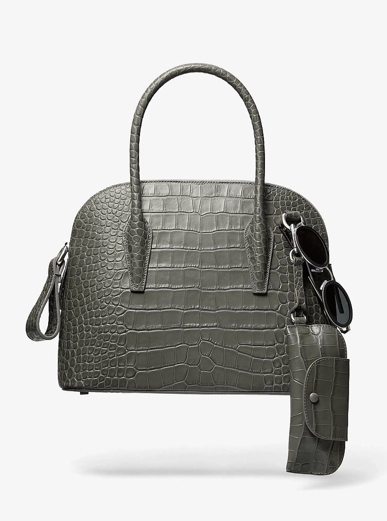 Kaitlin Medium Crocodile Embossed Leather Dome Satchel in PEWTER | Michael Kors