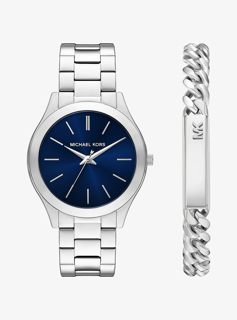 Oversized Aspyn Silver-Tone Watch and Bracelet Jewelry Gift Set in SILVER | Michael Kors