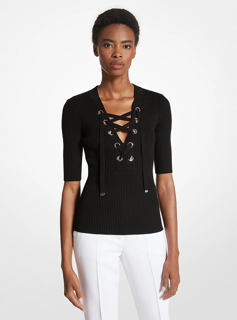 Ribbed Merino Wool Blend Lace-Up Top in BLACK | Michael Kors