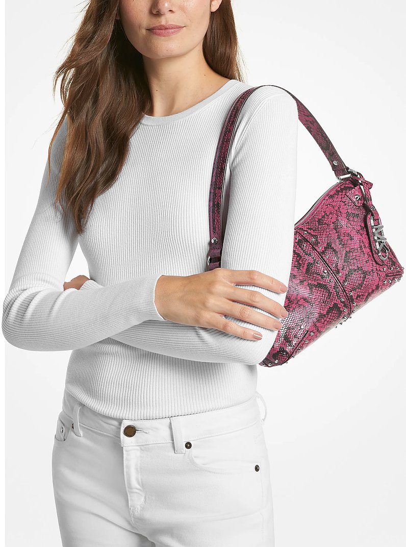 Astor Large Studded Snake Embossed Leather Shoulder Bag in DEEP FUCHSIA | Michael Kors
