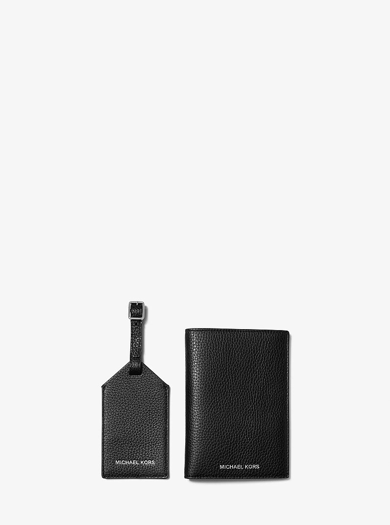 Pebbled Leather Passport Case and Luggage Tag Gift Set in BLACK | Michael Kors