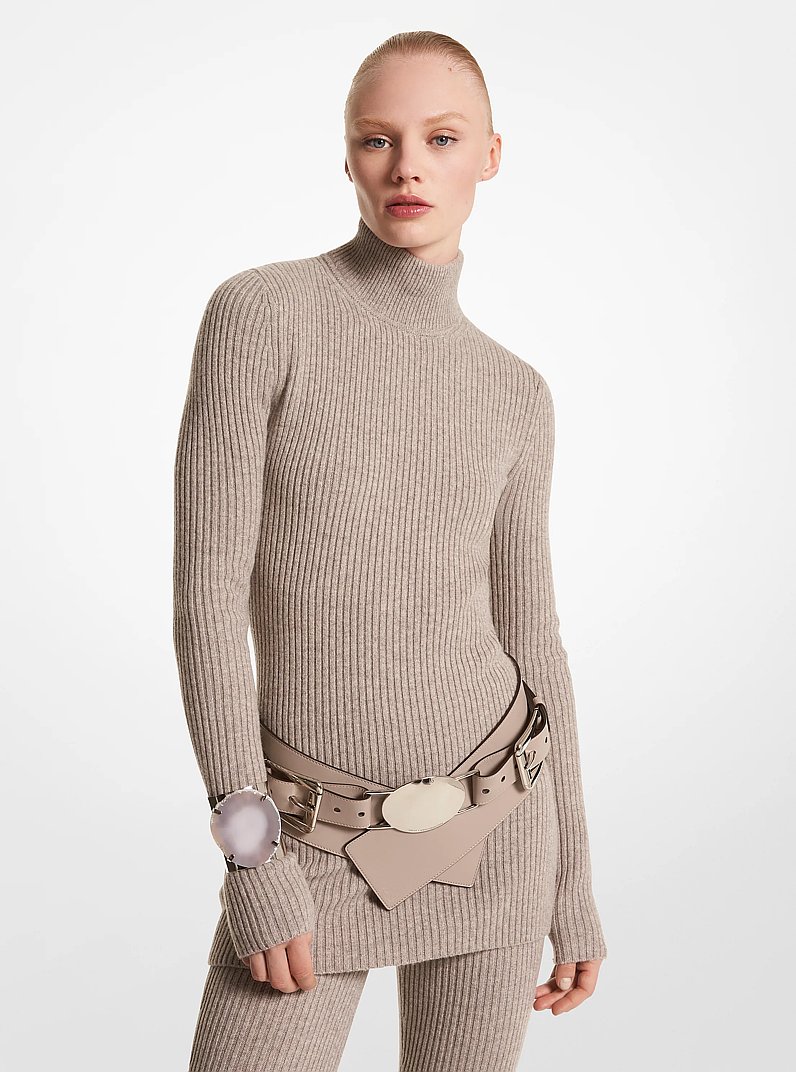 Jersey tipo t&uacute;nica de cuello vuelto de cachemir el&aacute;stico in MEZCLA DE GRIS TOPO | Michael Kors
