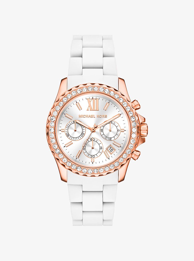 Oversized Everest Pavé Rose Gold-Tone and Silicone Watch in WHITE