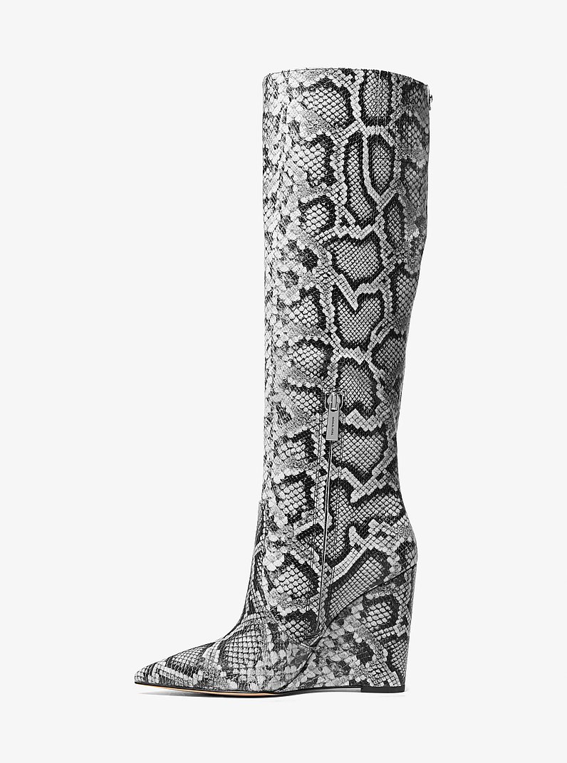 Isra Snake Embossed Leather Wedge Boot in BLACK | Michael Kors