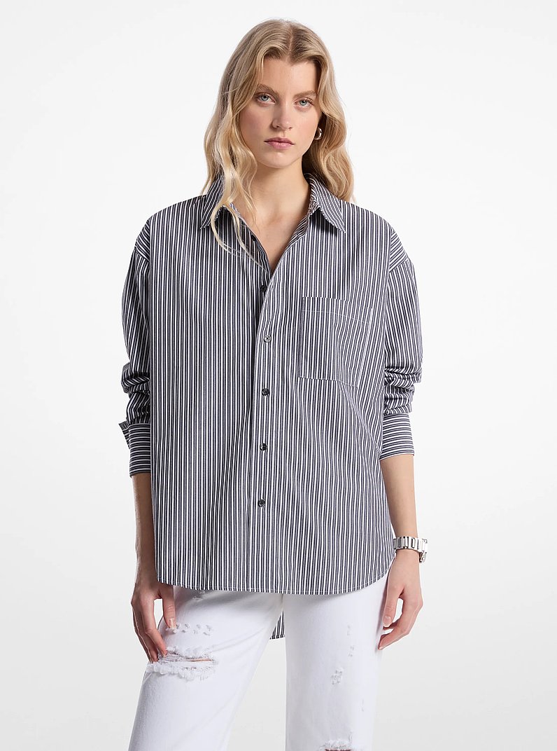 Oversized Striped Cotton Poplin Shirt in BLACK | Michael Kors