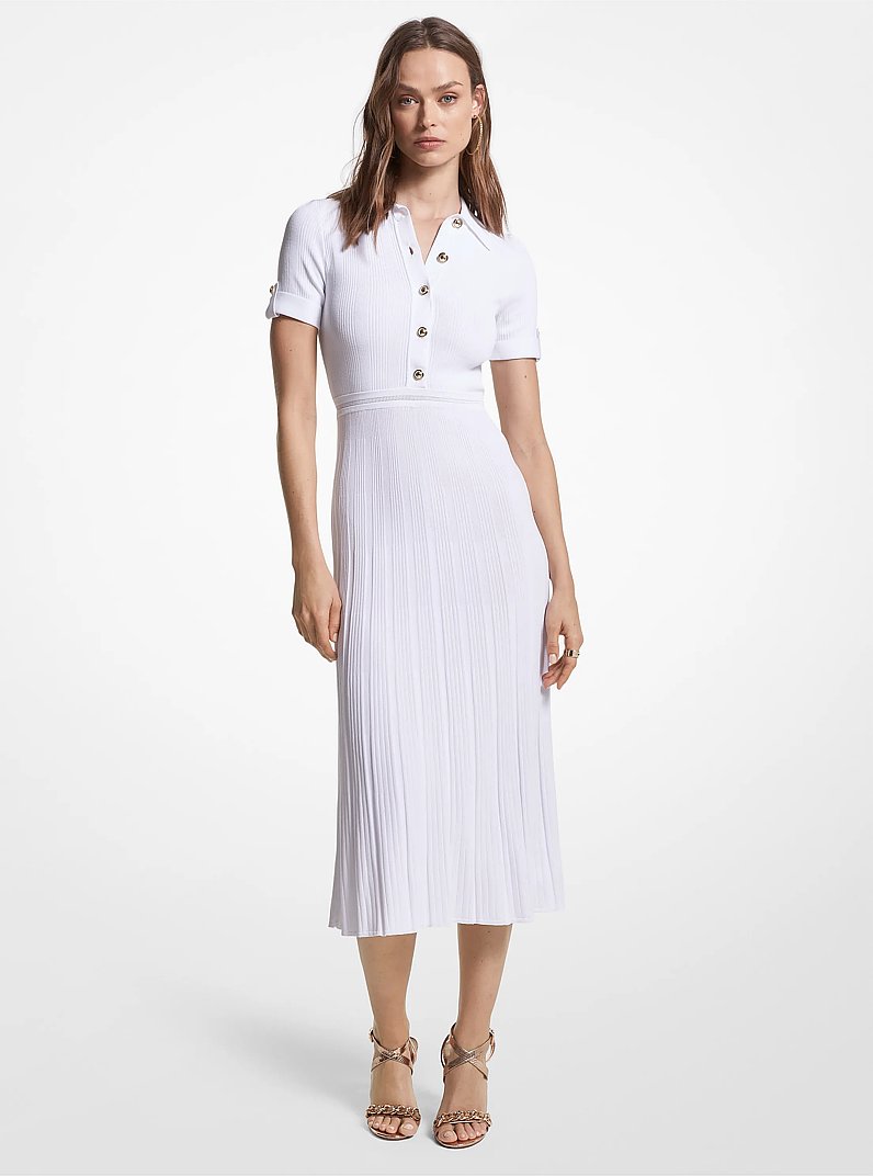 Ribbed Stretch Knit Polo Dress in WHITE | Michael Kors [US]