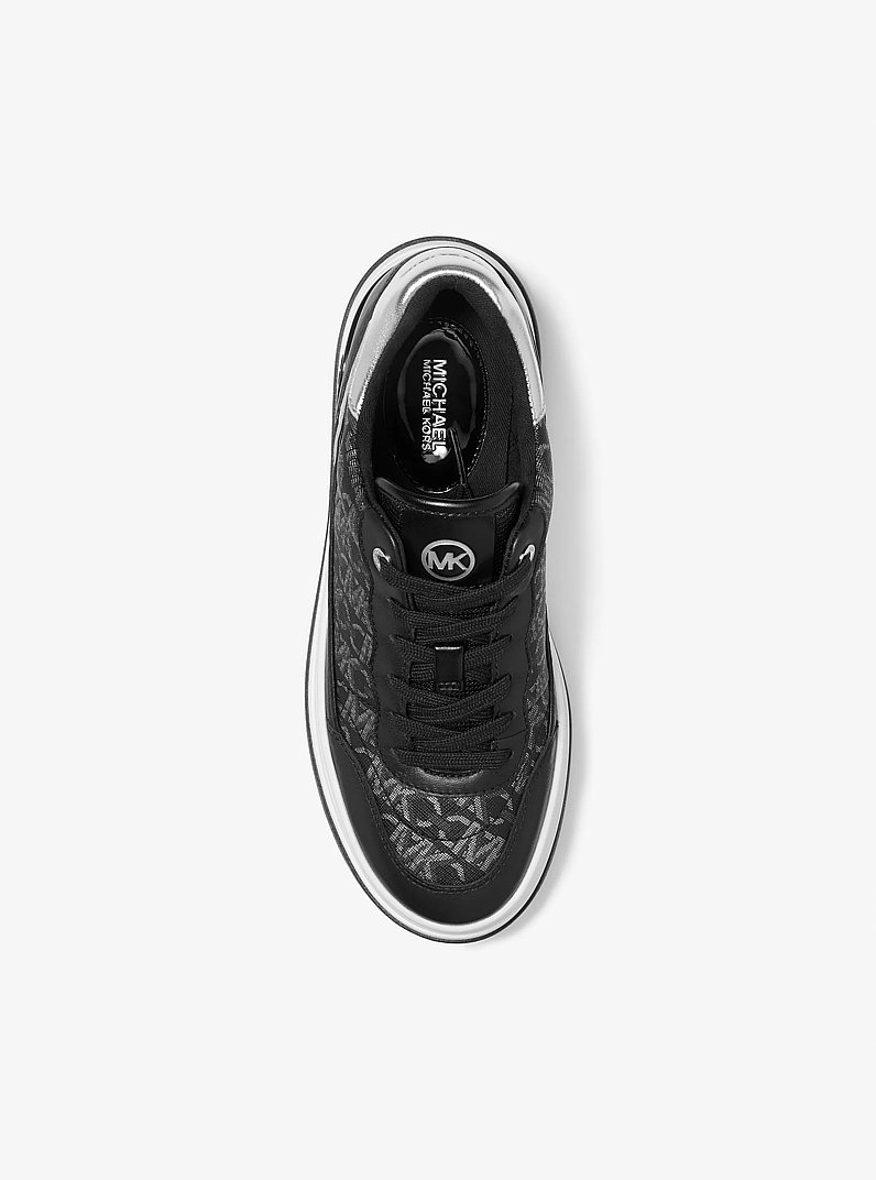 Hayes Metallic Empire Monogram and Leather Trainer in BLACK/SILVER | Michael Kors