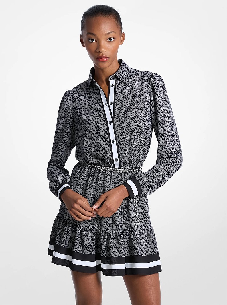 Logo Print Crepe Belted Mini Dress in BLACK/WHITE | Michael Kors