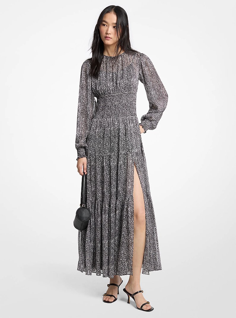 Gesmoktes Maxikleid aus Georgette mit Print in SCHWARZ/BONE | Michael Kors