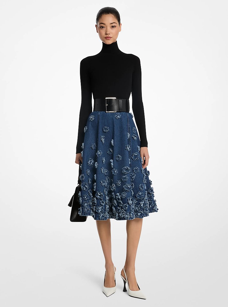 Hand-Embroidered Floral Denim Circle Skirt in LIGHT INDIGO | Michael Kors