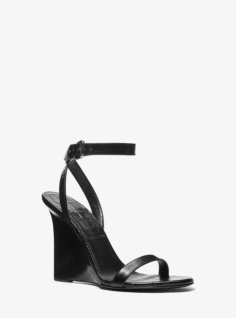 Claudia Crocodile Embossed Leather Wedge Sandal in BLACK | Michael Kors