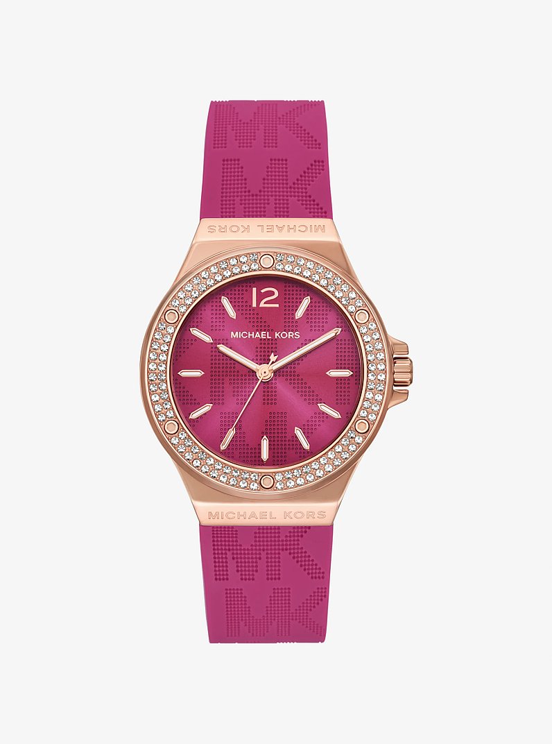 Lennox Pav&eacute; Rose Gold-Tone and Logo Silicone Strap Watch in ROSE GOLD | Michael Kors