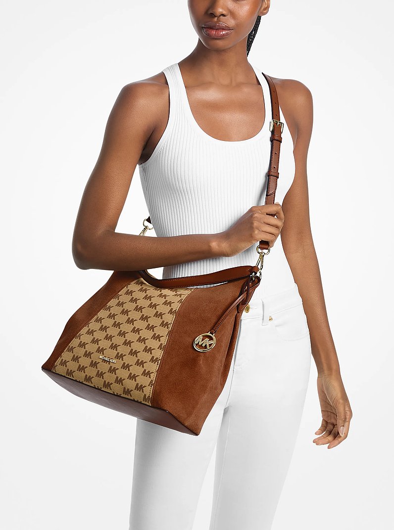 Sienna Large Logo Jacquard and Suede Convertible Shoulder Bag in BEIGE/EBONY/BROWN | Michael Kors