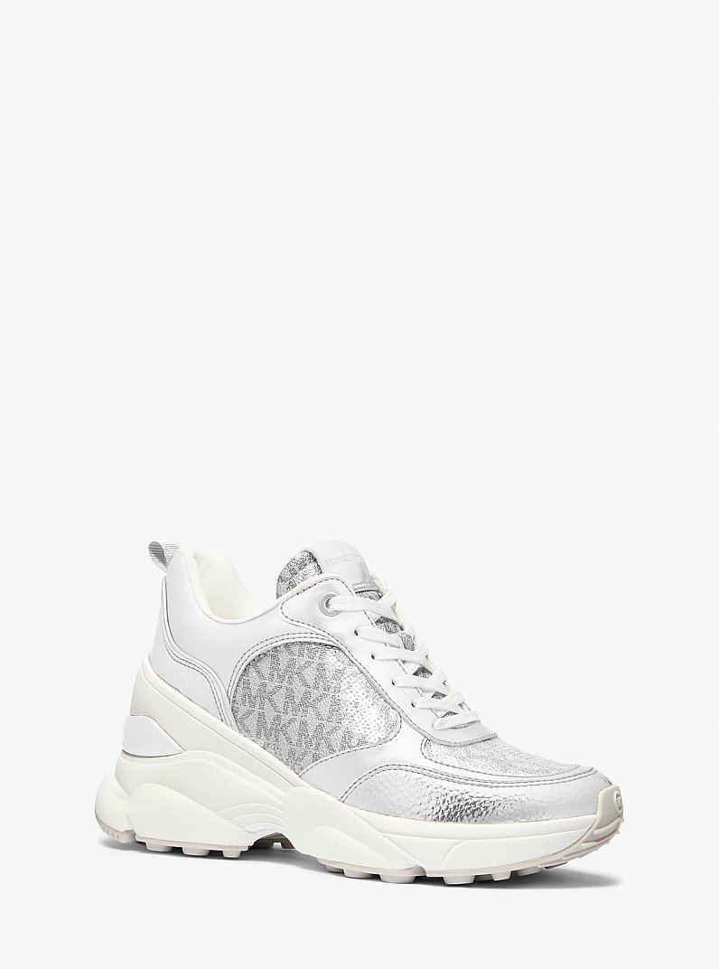 Katrina Sequined Mixed-Media Trainer in SILVER | Michael Kors