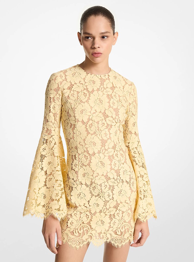 Vestido con mangas de campana de encaje floral en mezcla de algod&oacute;n in Pergamino | Michael Kors