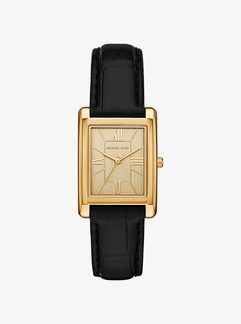 Essex Gold-Tone and Crocodile Embossed Leather Watch in BLACK | Michael Kors