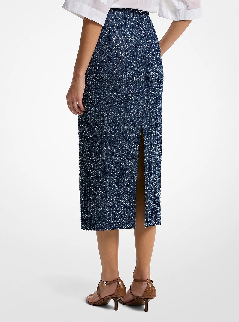 Falda l&aacute;piz de tweed de denim con lentejuelas in &Iacute;ndigo/Plateado | Michael Kors