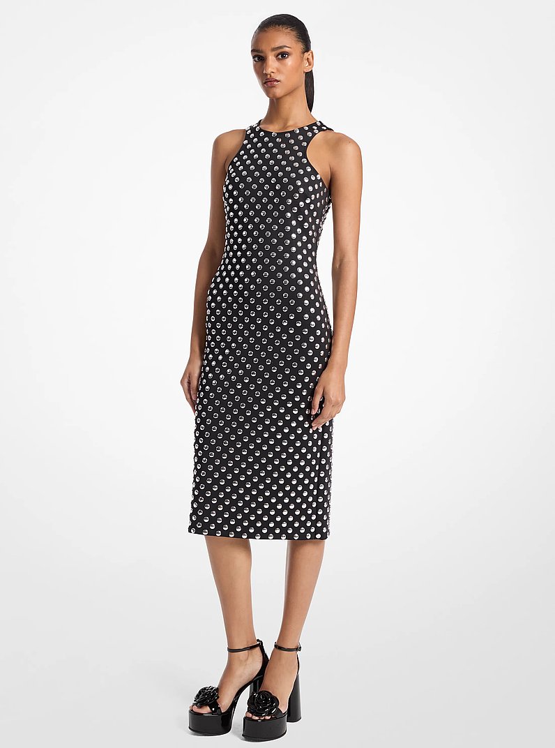 Vestido sin mangas con espalda cruzada de tejido scuba con lunares in NEGRO | Michael Kors