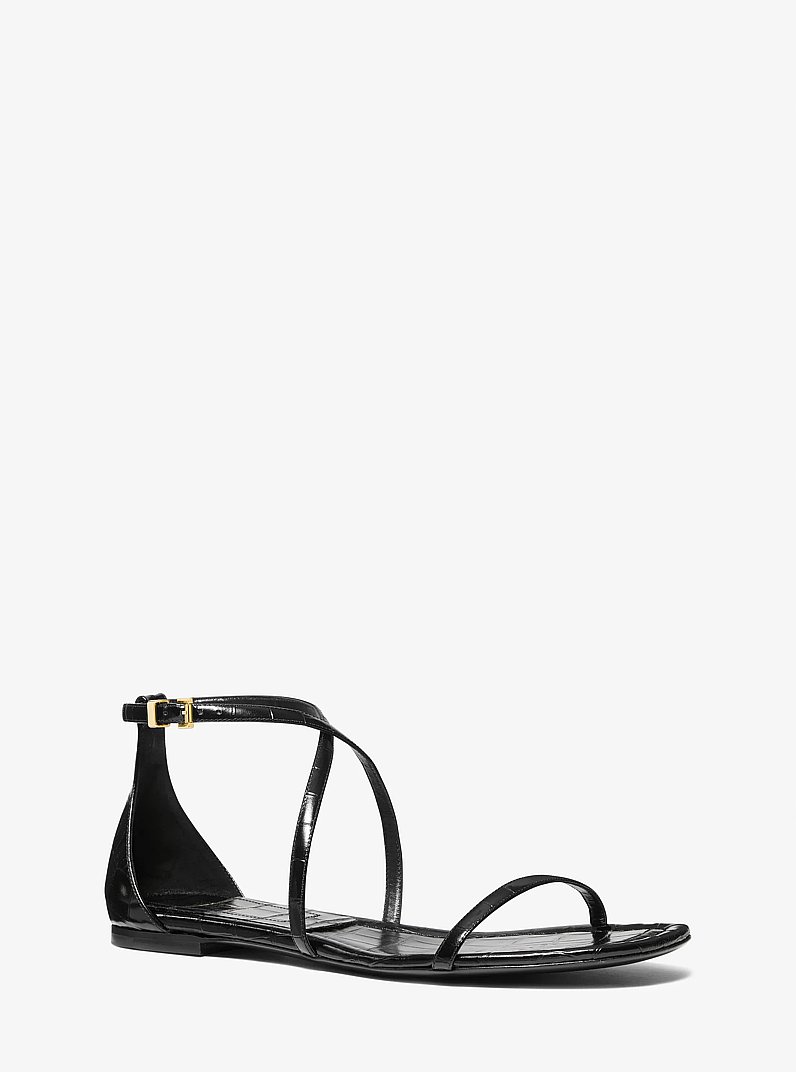 Polly Crocodile Embossed Leather Sandal in BLACK | Michael Kors