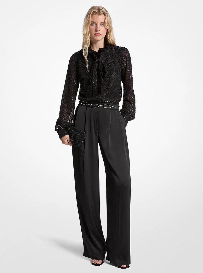 Metallic Clip Jacquard and Satin Tie-Neck Jumpsuit in BLACK | Michael Kors