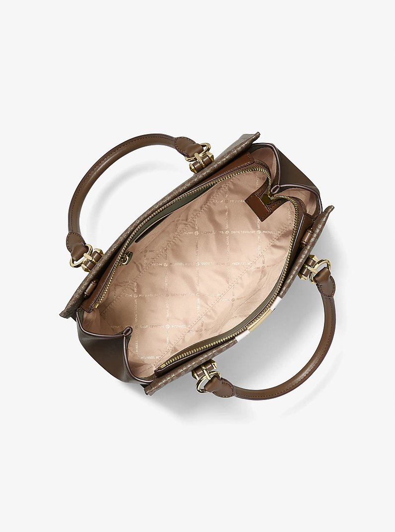 Marilyn Medium Signature Logo Stripe Satchel in BROWN | Michael Kors