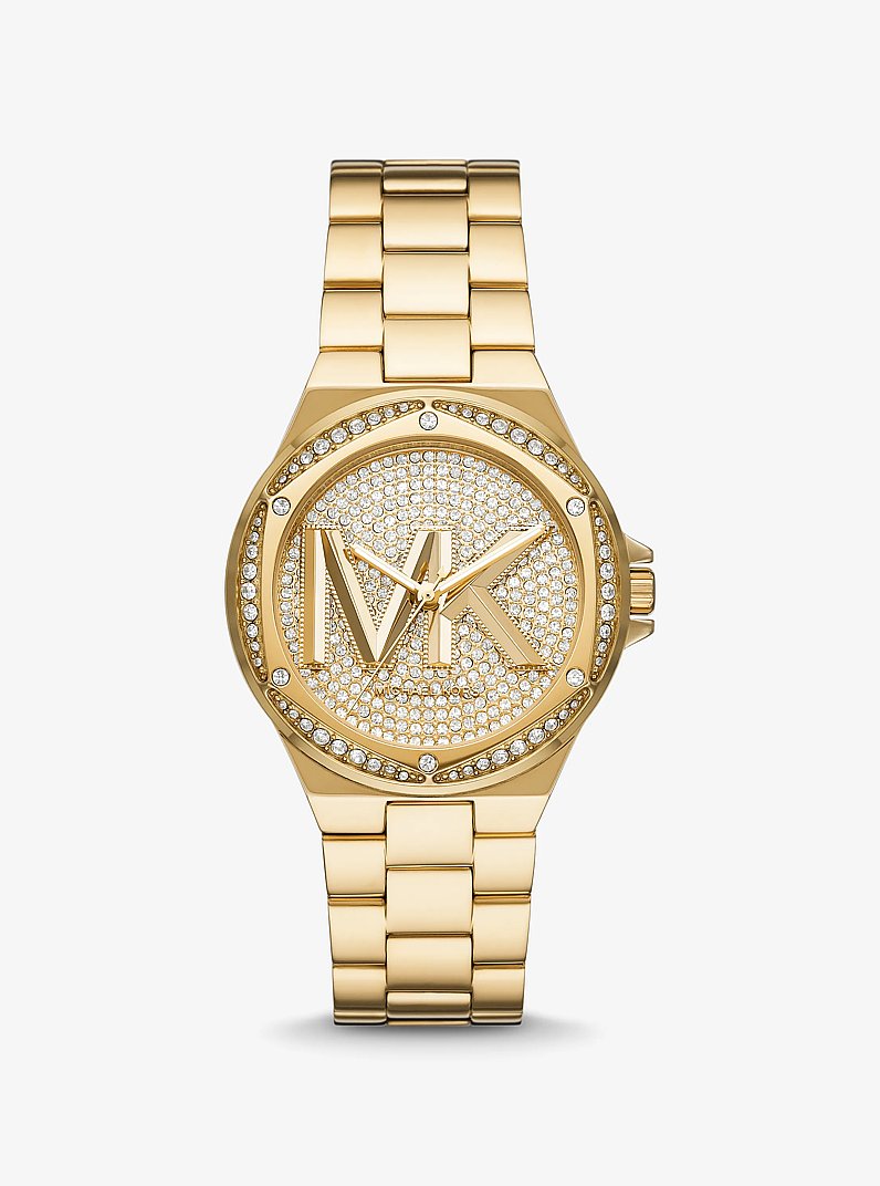 Lennox Pav&eacute; Logo Gold-Tone Logo Watch in GOLD | Michael Kors