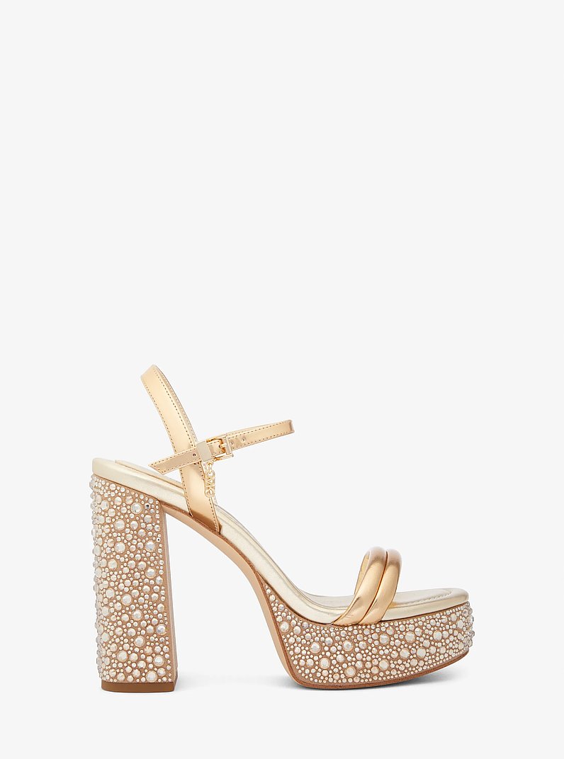 Laci Embellished Metallic Leather Platform Sandal in PALE GOLD | Michael Kors