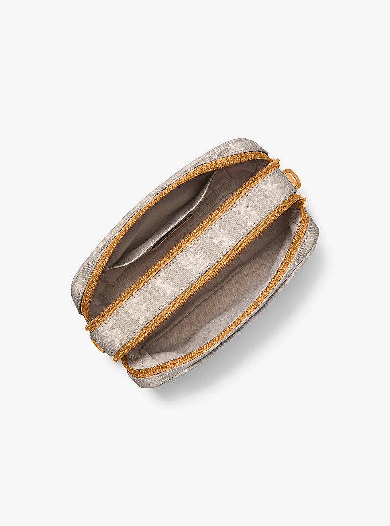 Bryant Medium Two-Tone Logo Jacquard and Leather Camera Crossbody Bag in HONEYWHEAT | Michael Kors