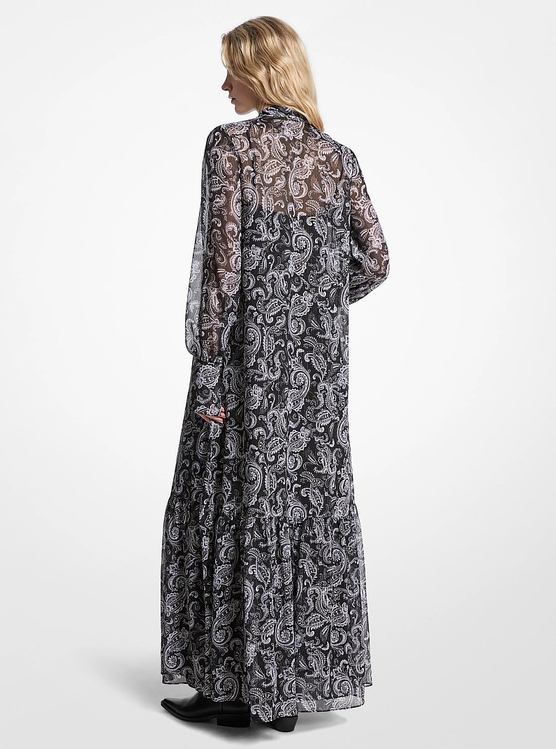 Abito con colletto con nastro in georgette metallizzato con stampa paisley in CANNA DI FUCILE | Michael Kors