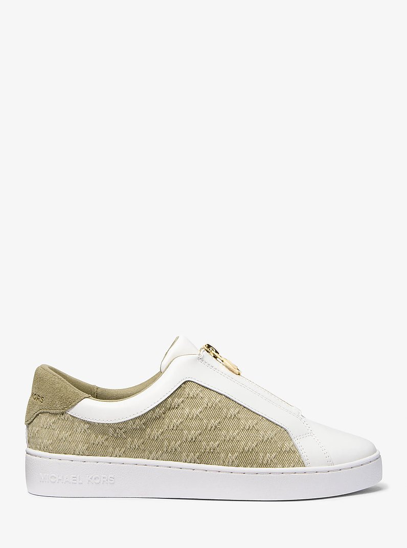 Keaton Logo Embossed Denim and Leather Zip-Up Sneaker