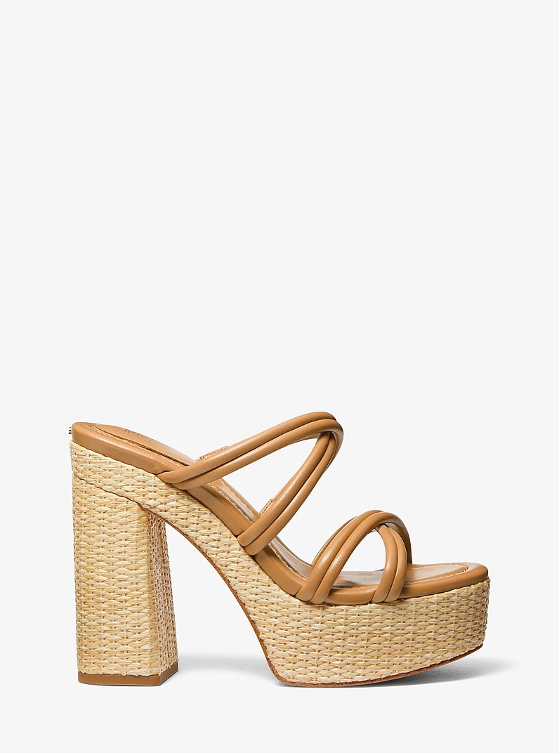 Corrine Leather and Straw Platform Sandal in PALE PEANUT | Michael Kors