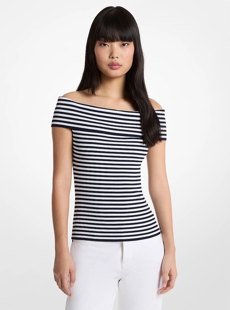 Striped Stretch Knit Off-The-Shoulder Top in MIDNIGHTBLUE | Michael Kors