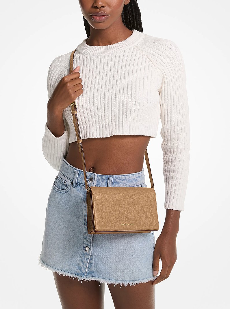 Jet Set Medium Pebbled Leather Front-Flap Crossbody Bag in HUSK | Michael Kors