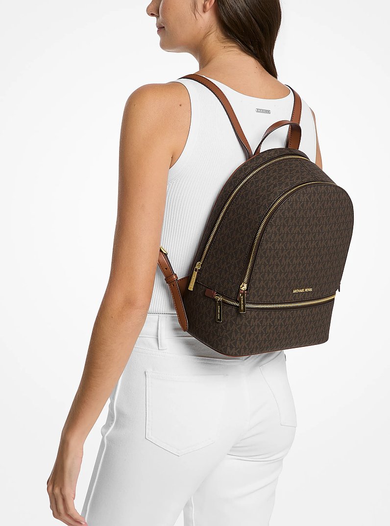 Rhea Medium Signature Logo Backpack in BROWN | Michael Kors