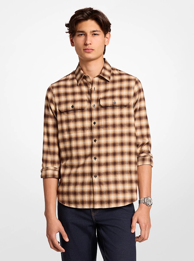 Camisa de sarga de algod&oacute;n cepillado con estampado a cuadros in CHOCOLATE | Michael Kors