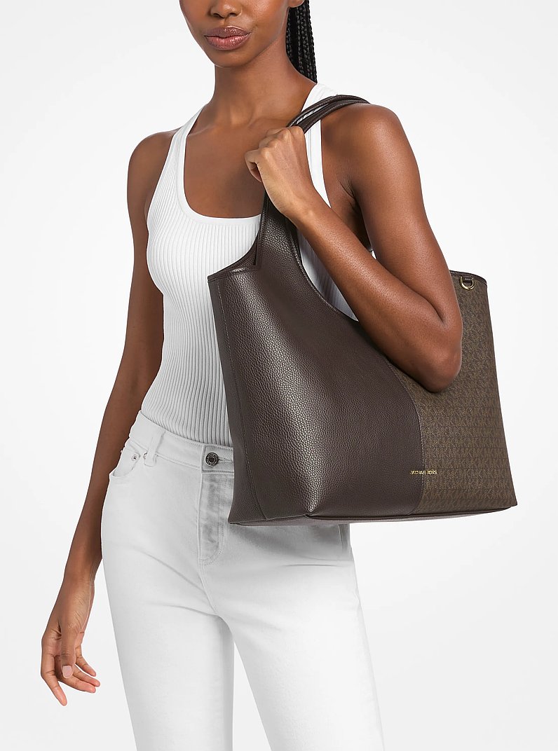 Henly Large Signature Logo and Textured Tote Bag in CHOCOLATE | Michael Kors